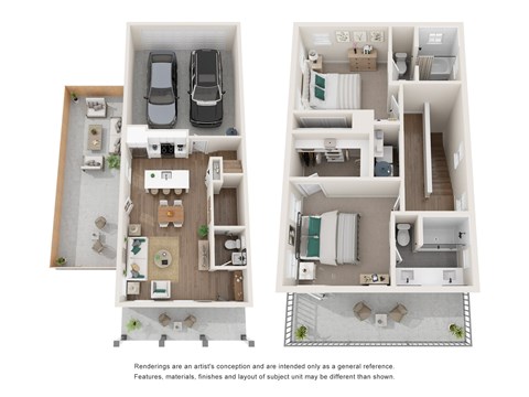 Floor plan for 2 beds, 2.5 baths, 1217 sqft